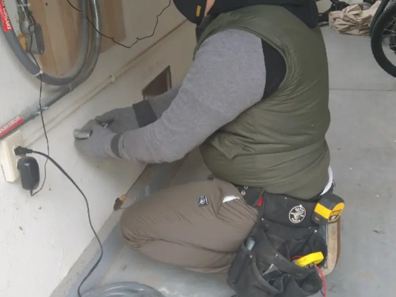 Electrician performing outlet wiring in a Byram garage